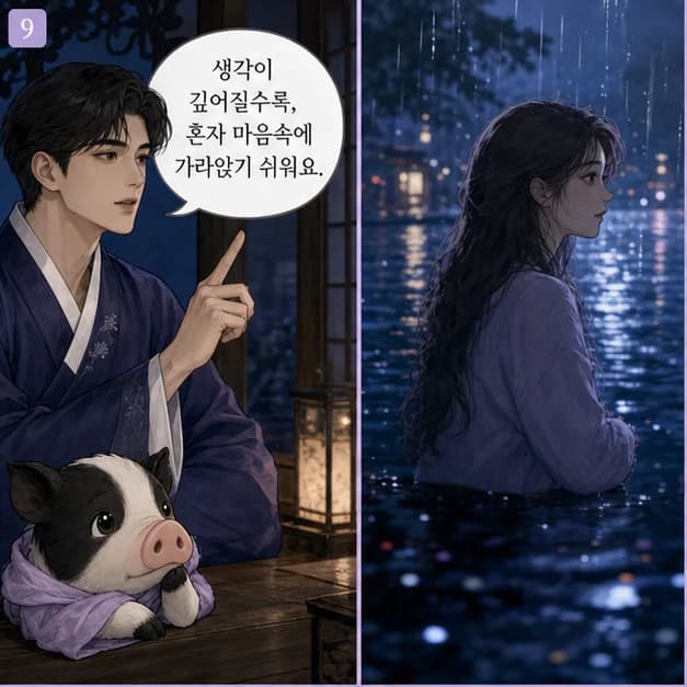 신해일주 9컷: 관계에서는 말과 태도의 미묘한 차이를 알아차리고, 일에서는 기준을 세밀하게 다듬어 완성도를 높이는 힘이 장점이에요.
