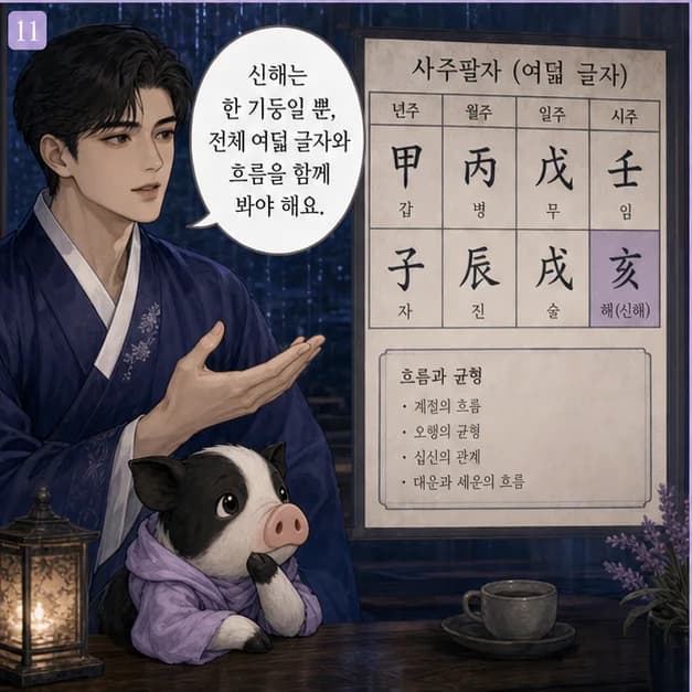 신해일주 11컷: 같은 신해라도 나머지 여섯 글자와 대운·세운이 달라 결과는 달라져요.