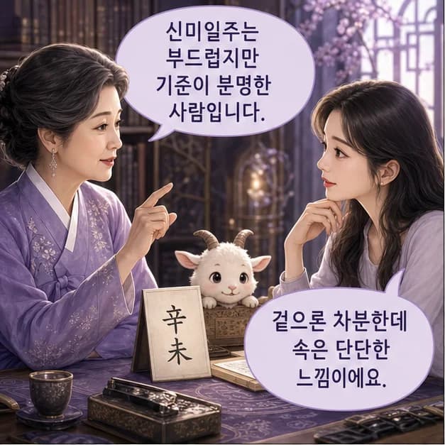 신미일주 1컷: 신미일주는 작은 차이를 발견하고 정교하게 다듬는 힘과 사람과 일을 오래 돌보며 결실을 기다리는 힘이 눈에 띄어요.
