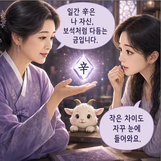신미일주 3컷: 먼저 일간 辛. 사주에서 ‘나’를 읽는 기준이에요.