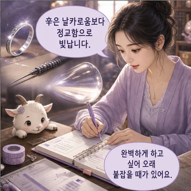 신미일주 4컷: 辛은 보석/장신구처럼 작은 차이를 발견하고 정교하게 다듬는 힘을 보여줘요.