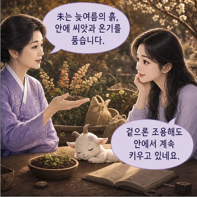 신미일주 6컷: 未는 7월(늦여름)·13~15시, 기름진 땅을 닮았어요.