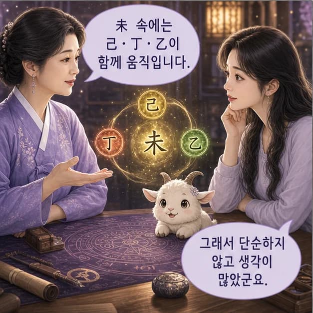 신미일주 7컷: 未 안의 己 편인 · 丁 편관 · 乙 편재. 중심은 편인, 낯선 신호를 감각적으로 읽고 새롭게 해석하는 힘이에요.