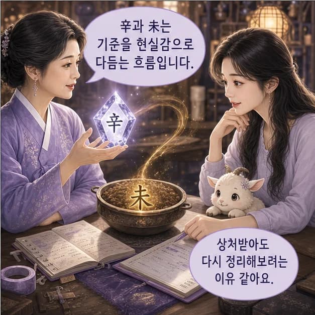 신미일주 8컷: 辛과 未의 관계는 ‘일지가 일간을 생함’. 생활에서 얻은 경험과 배움이 나의 선택을 밀어줘요.
