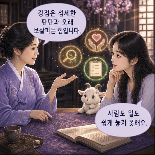 신미일주 9컷: 관계에서는 말과 태도의 미묘한 차이를 알아차리고, 일에서는 기준을 세밀하게 다듬어 완성도를 높이는 힘이 장점이에요.