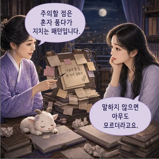 신미일주 10컷: 다만 완벽한 답을 찾느라 나와 상대를 날카롭게 보는 패턴이 강해지는 때엔 지칠 수 있어요. 돌봄의 범위와 내가 쉴 시간을 함께 정하기부터 해보세요.