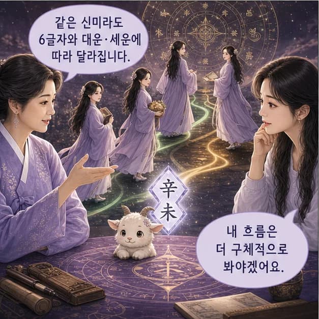 신미일주 11컷: 같은 신미라도 나머지 여섯 글자와 대운·세운이 달라 결과는 달라져요.