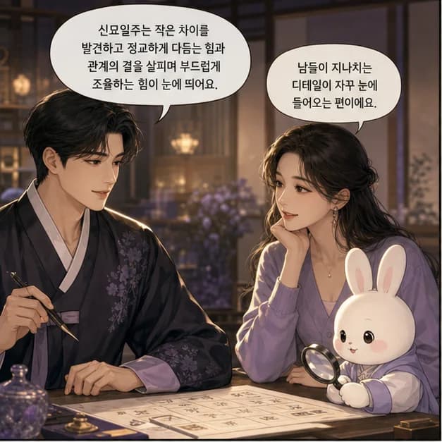신묘일주 1컷: 신묘일주는 작은 차이를 발견하고 정교하게 다듬는 힘과 관계의 결을 살피며 부드럽게 조율하는 힘이 눈에 띄어요.