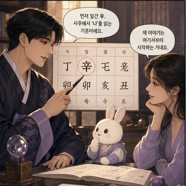 신묘일주 3컷: 먼저 일간 辛. 사주에서 ‘나’를 읽는 기준이에요.