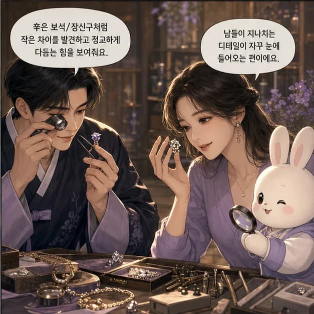 신묘일주 4컷: 辛은 보석/장신구처럼 작은 차이를 발견하고 정교하게 다듬는 힘을 보여줘요.