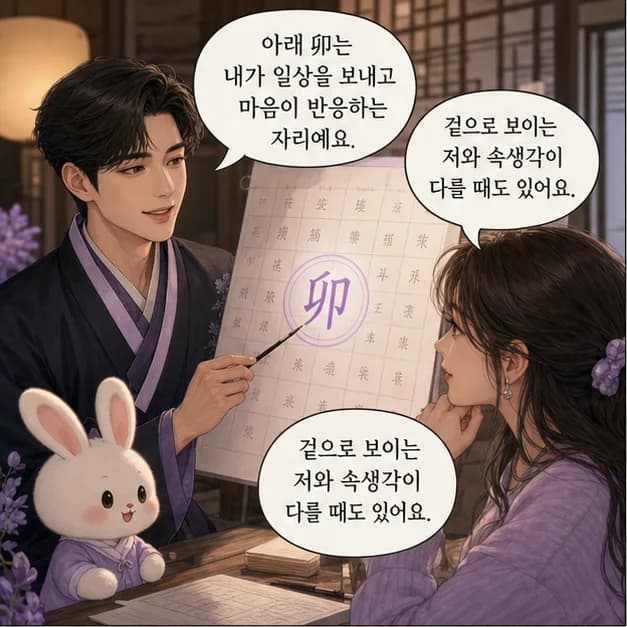 신묘일주 5컷: 아래 卯는 내가 일상을 보내고 마음이 반응하는 자리예요.