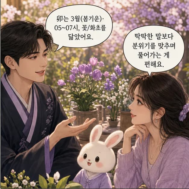 신묘일주 6컷: 卯는 3월(봄기운)·05~07시, 꽃/화초를 닮았어요.