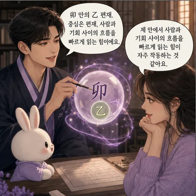 신묘일주 7컷: 卯 안의 乙 편재. 중심은 편재, 사람과 기회 사이의 흐름을 빠르게 읽는 힘이에요.