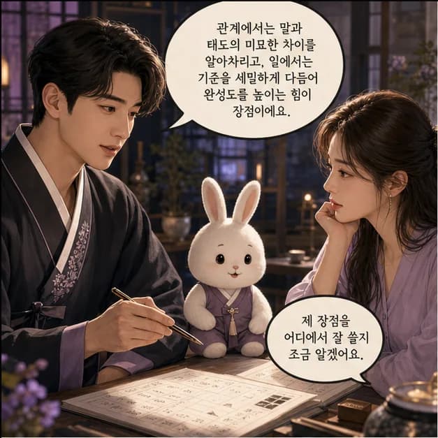신묘일주 9컷: 관계에서는 말과 태도의 미묘한 차이를 알아차리고, 일에서는 기준을 세밀하게 다듬어 완성도를 높이는 힘이 장점이에요.