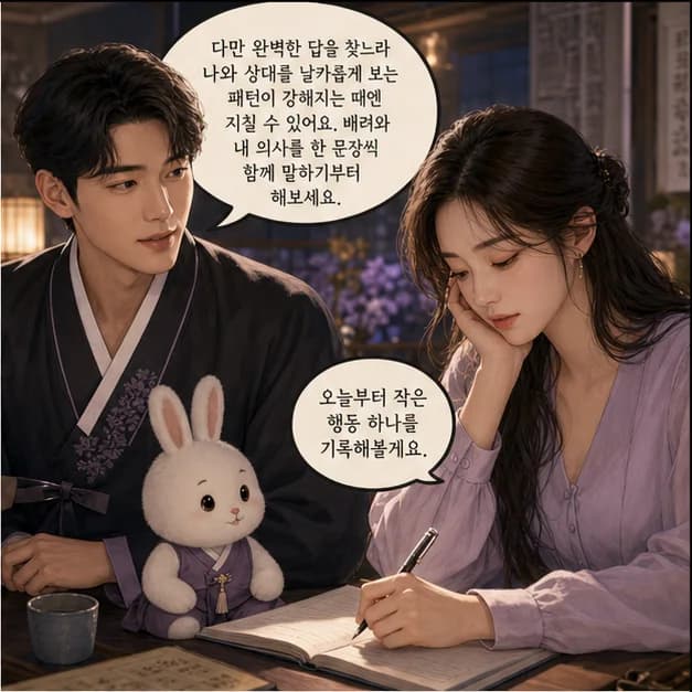 신묘일주 10컷: 다만 완벽한 답을 찾느라 나와 상대를 날카롭게 보는 패턴이 강해지는 때엔 지칠 수 있어요. 배려와 내 의사를 한 문장씩 함께 말하기부터 해보세요.