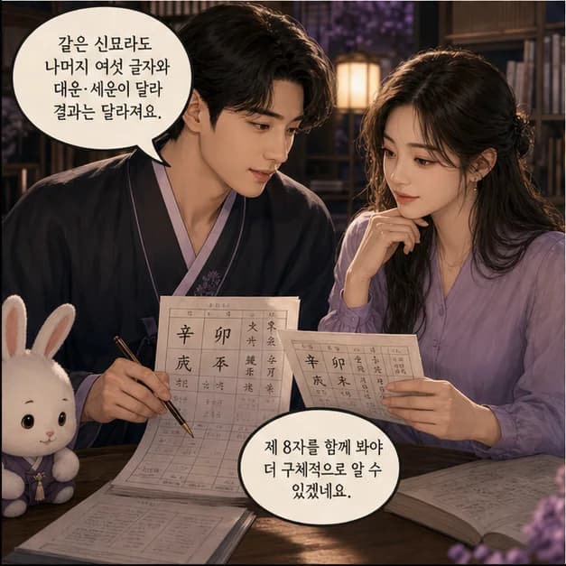 신묘일주 11컷: 같은 신묘라도 나머지 여섯 글자와 대운·세운이 달라 결과는 달라져요.