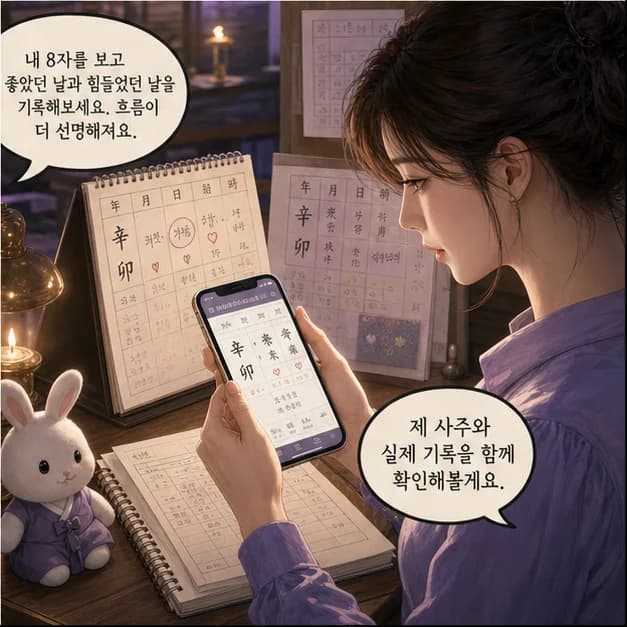 신묘일주 12컷: 내 8자를 보고 좋았던 날과 힘들었던 날을 기록해보세요. 흐름이 더 선명해져요.