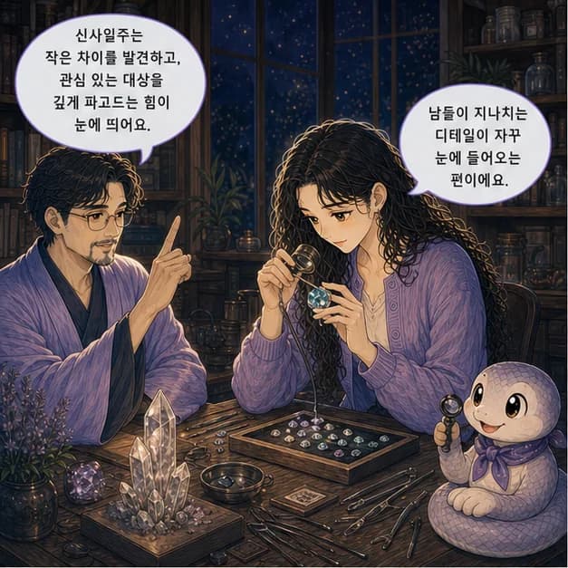 신사일주 1컷: 신사일주는 작은 차이를 발견하고 정교하게 다듬는 힘과 관심 있는 대상을 깊게 파고드는 몰입력이 눈에 띄어요.