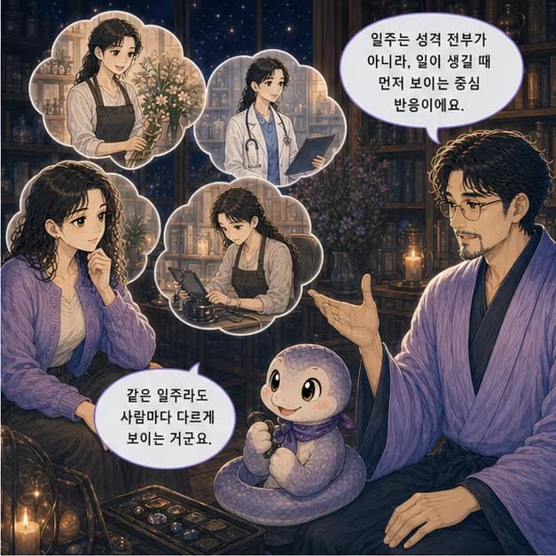 신사일주 2컷: 일주는 성격 전부가 아니라, 일이 생길 때 먼저 보이는 중심 반응이에요.