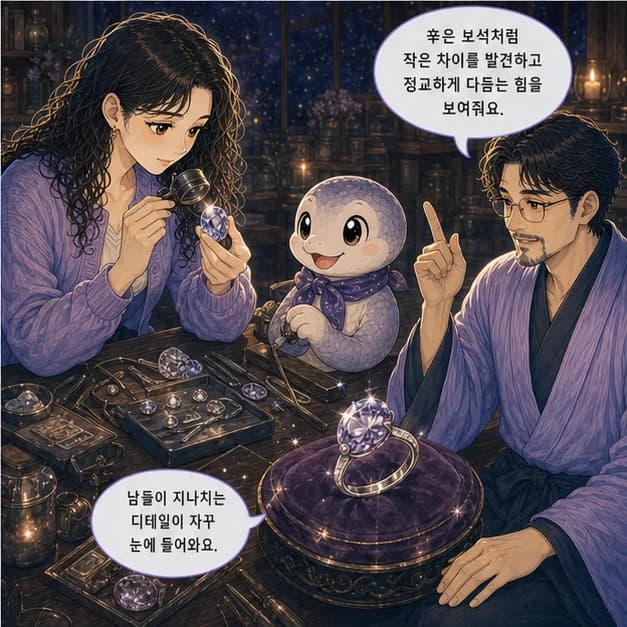 신사일주 4컷: 辛은 보석/장신구처럼 작은 차이를 발견하고 정교하게 다듬는 힘을 보여줘요.