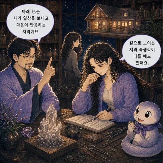 신사일주 5컷: 아래 巳는 내가 일상을 보내고 마음이 반응하는 자리예요.