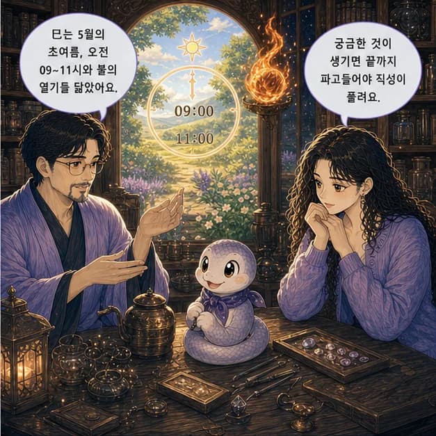 신사일주 6컷: 巳는 5월(초여름)·09~11시, 불/열기를 닮았어요.