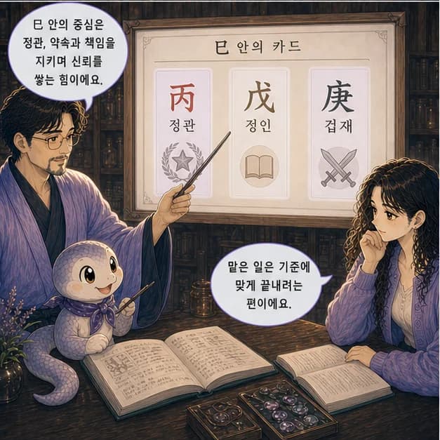 신사일주 7컷: 巳 안의 丙 정관 · 戊 정인 · 庚 겁재. 중심은 정관, 약속과 책임을 지키며 신뢰를 쌓는 힘이에요.