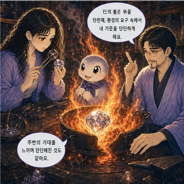 신사일주 8컷: 辛과 巳의 관계는 ‘일지가 일간을 극함’. 환경의 요구를 크게 느끼지만 그 과정에서 기준도 단단해져요.
