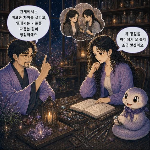 신사일주 9컷: 관계에서는 말과 태도의 미묘한 차이를 알아차리고, 일에서는 기준을 세밀하게 다듬어 완성도를 높이는 힘이 장점이에요.