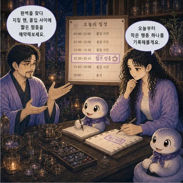 신사일주 10컷: 다만 완벽한 답을 찾느라 나와 상대를 날카롭게 보는 패턴이 강해지는 때엔 지칠 수 있어요. 몰입 사이에 짧은 멈춤 시간을 예약하기부터 해보세요.