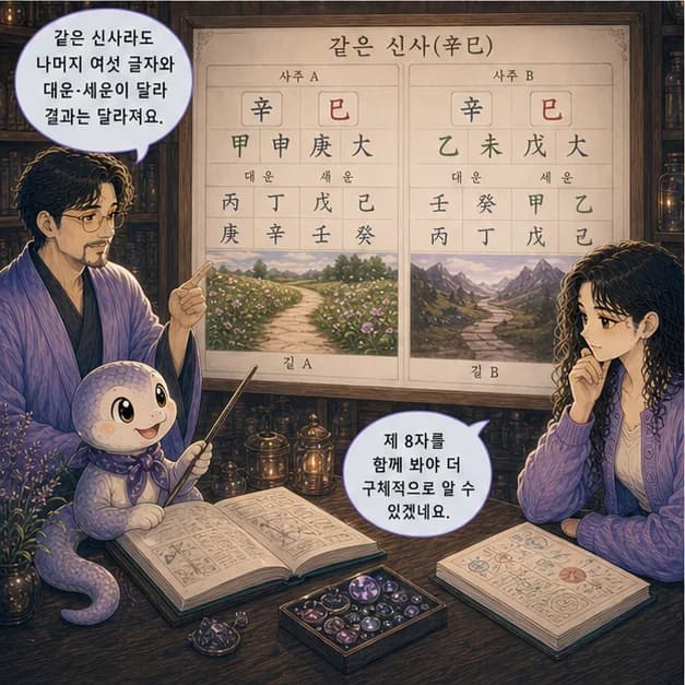 신사일주 11컷: 같은 신사라도 나머지 여섯 글자와 대운·세운이 달라 결과는 달라져요.