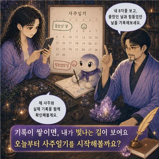신사일주 12컷: 내 8자를 보고 좋았던 날과 힘들었던 날을 기록해보세요. 흐름이 더 선명해져요.