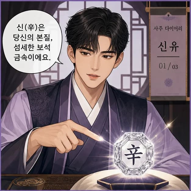 신유일주 2컷: 일주는 성격 전부가 아니라, 일이 생길 때 먼저 보이는 중심 반응이에요.