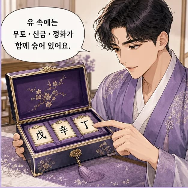 신유일주 6컷: 酉는 9월(결실/정제)·17~19시, 보석을 닮았어요.