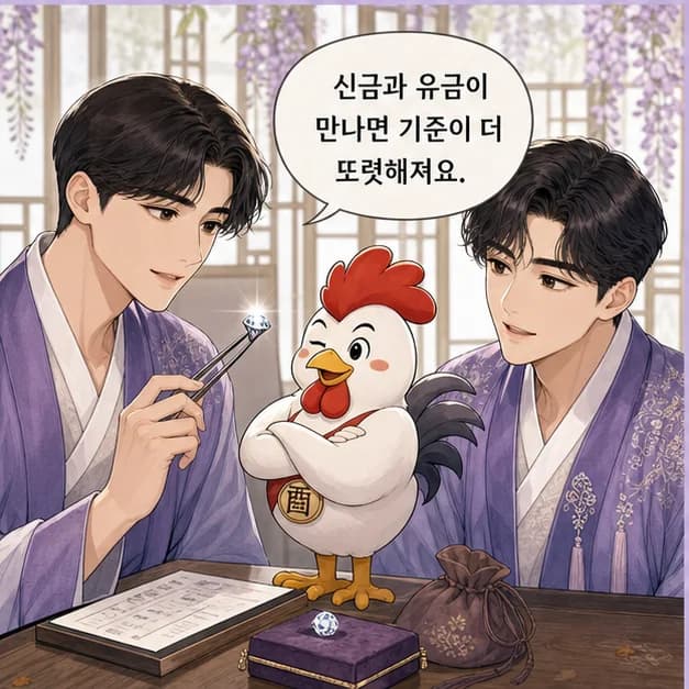 신유일주 7컷: 酉 안의 辛 비견. 중심은 비견, 내 속도와 기준을 지키는 힘이에요.
