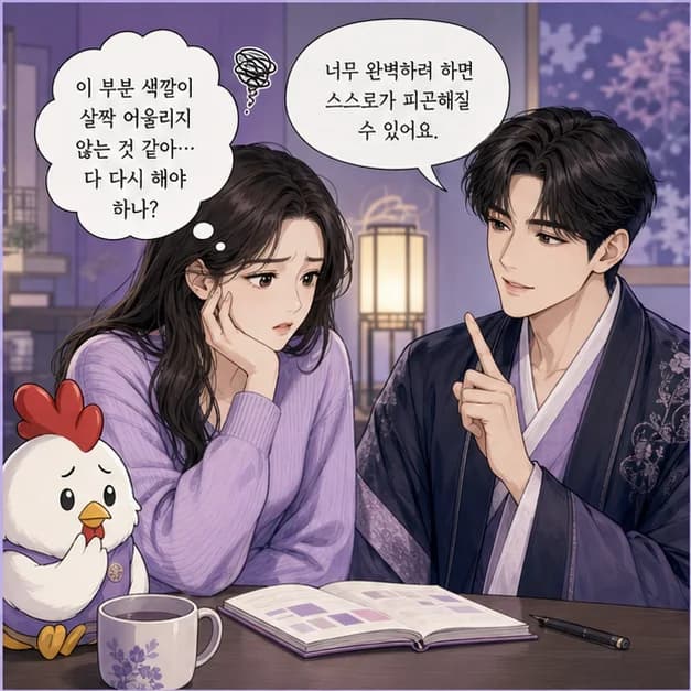 신유일주 9컷: 관계에서는 말과 태도의 미묘한 차이를 알아차리고, 일에서는 기준을 세밀하게 다듬어 완성도를 높이는 힘이 장점이에요.