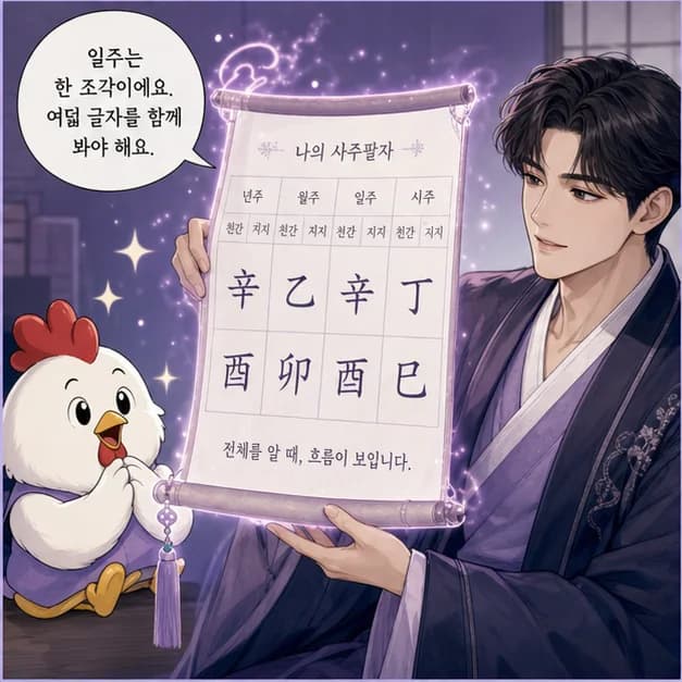 신유일주 11컷: 같은 신유라도 나머지 여섯 글자와 대운·세운이 달라 결과는 달라져요.