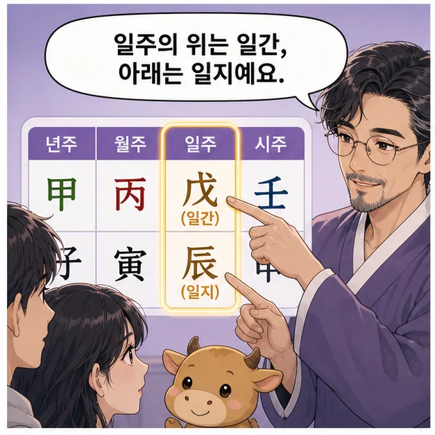 일주의 위 글자인 일간과 아래 글자인 일지를 찾는 설명