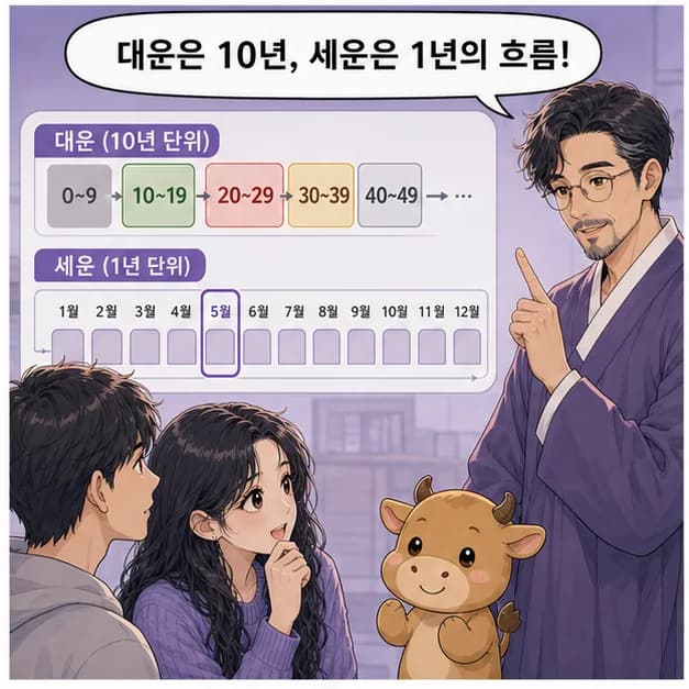 10년 대운과 1년 세운의 흐름을 비교하는 설명