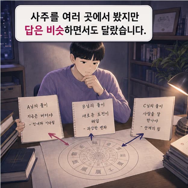 같은 사주를 두고 달랐던 여러 해석을 비교하는 장면